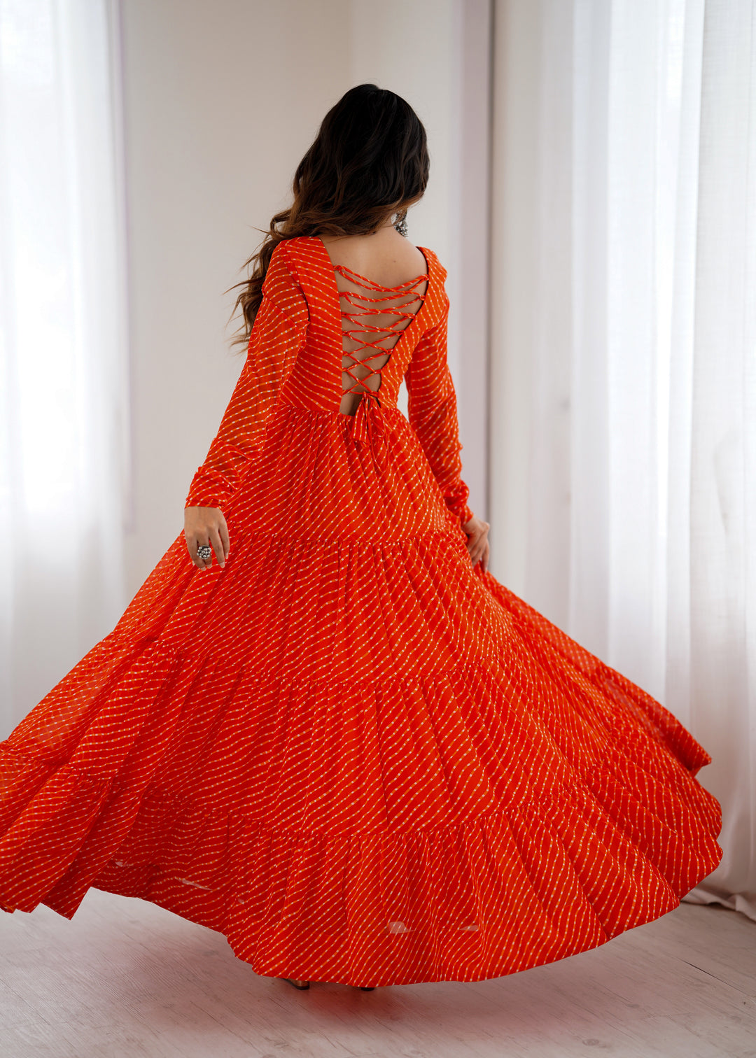 PURE SOFT FOX GEORGETTE LAHERIYA PRINT FABRIC FULLY FLAIR ANARKALI FULLY STTICHED GOWN READY TO WEAR