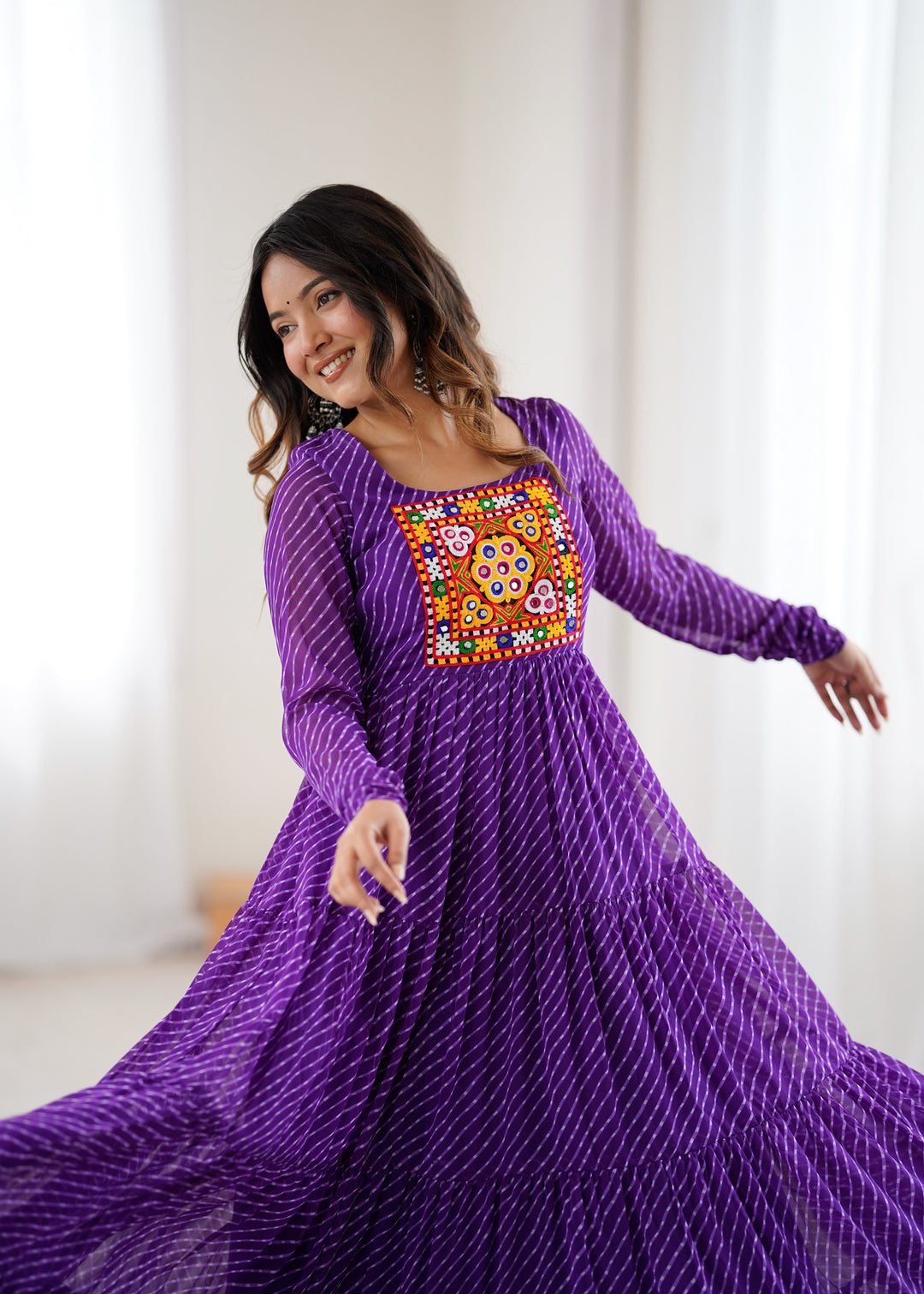 PURE SOFT FOX GEORGETTE LAHERIYA PRINT FABRIC FULLY FLAIR ANARKALI FULLY STTICHED GOWN READY TO WEAR