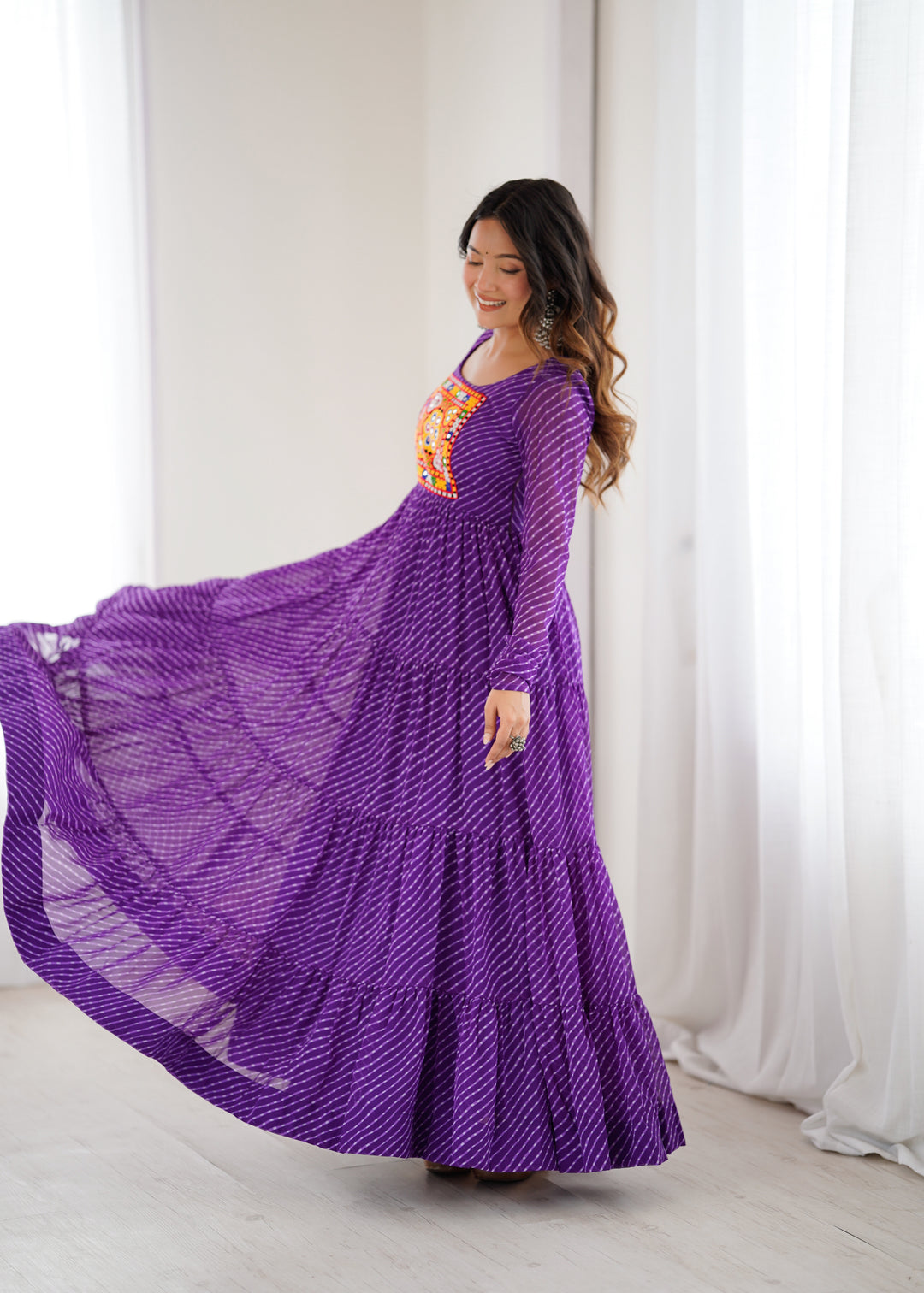 PURE SOFT FOX GEORGETTE LAHERIYA PRINT FABRIC FULLY FLAIR ANARKALI FULLY STTICHED GOWN READY TO WEAR