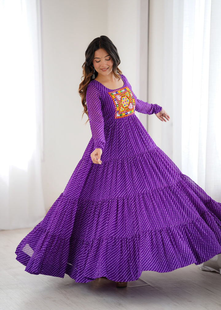 PURE SOFT FOX GEORGETTE LAHERIYA PRINT FABRIC FULLY FLAIR ANARKALI FULLY STTICHED GOWN READY TO WEAR