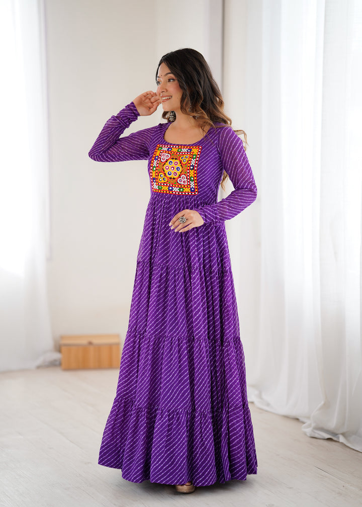 PURE SOFT FOX GEORGETTE LAHERIYA PRINT FABRIC FULLY FLAIR ANARKALI FULLY STTICHED GOWN READY TO WEAR