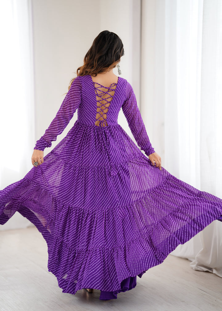 PURE SOFT FOX GEORGETTE LAHERIYA PRINT FABRIC FULLY FLAIR ANARKALI FULLY STTICHED GOWN READY TO WEAR
