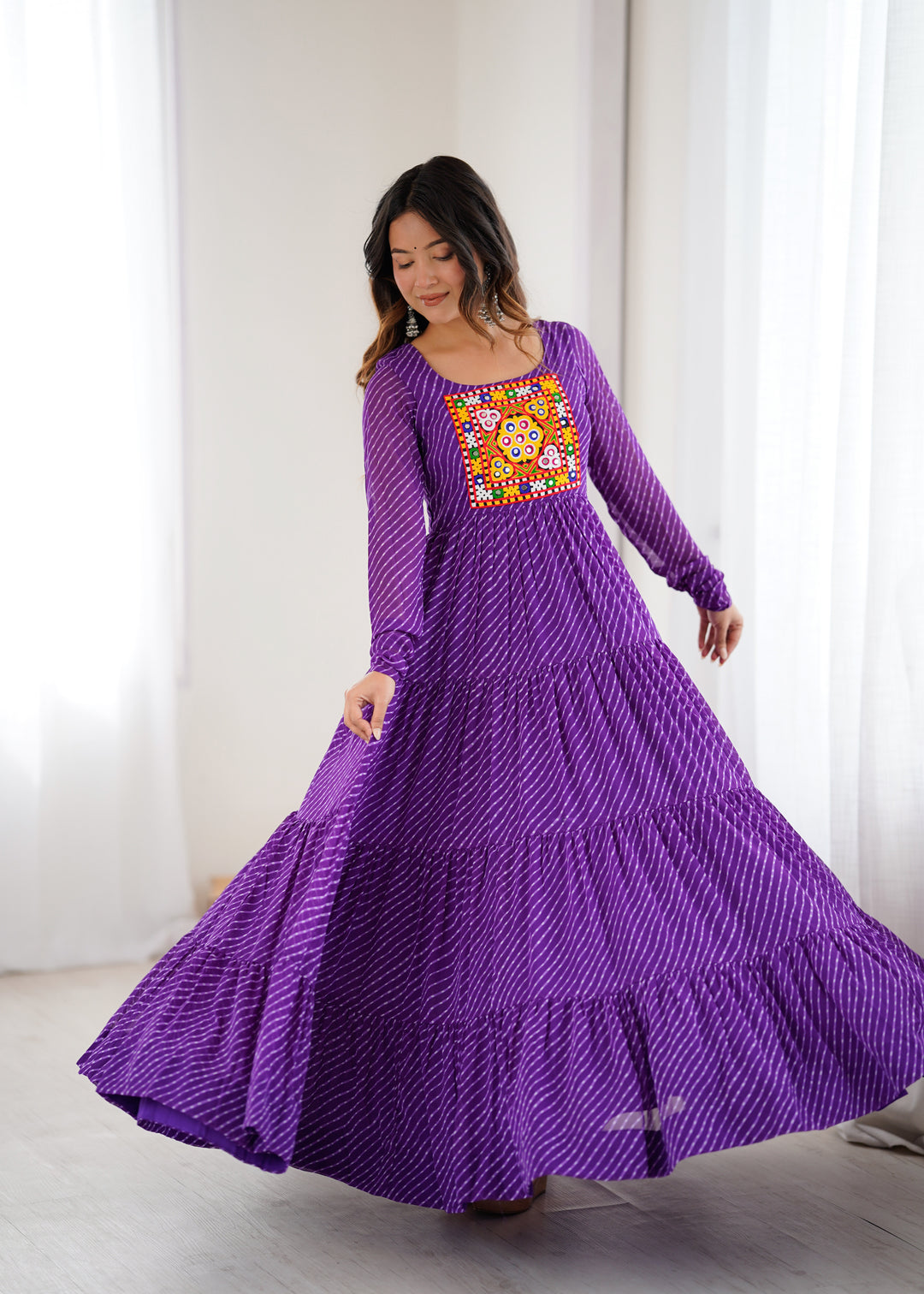 PURE SOFT FOX GEORGETTE LAHERIYA PRINT FABRIC FULLY FLAIR ANARKALI FULLY STTICHED GOWN READY TO WEAR