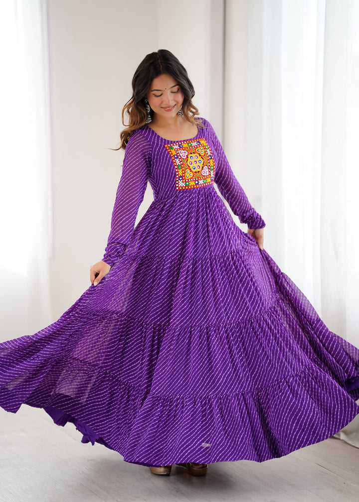 PURE SOFT FOX GEORGETTE LAHERIYA PRINT FABRIC FULLY FLAIR ANARKALI FULLY STTICHED GOWN READY TO WEAR