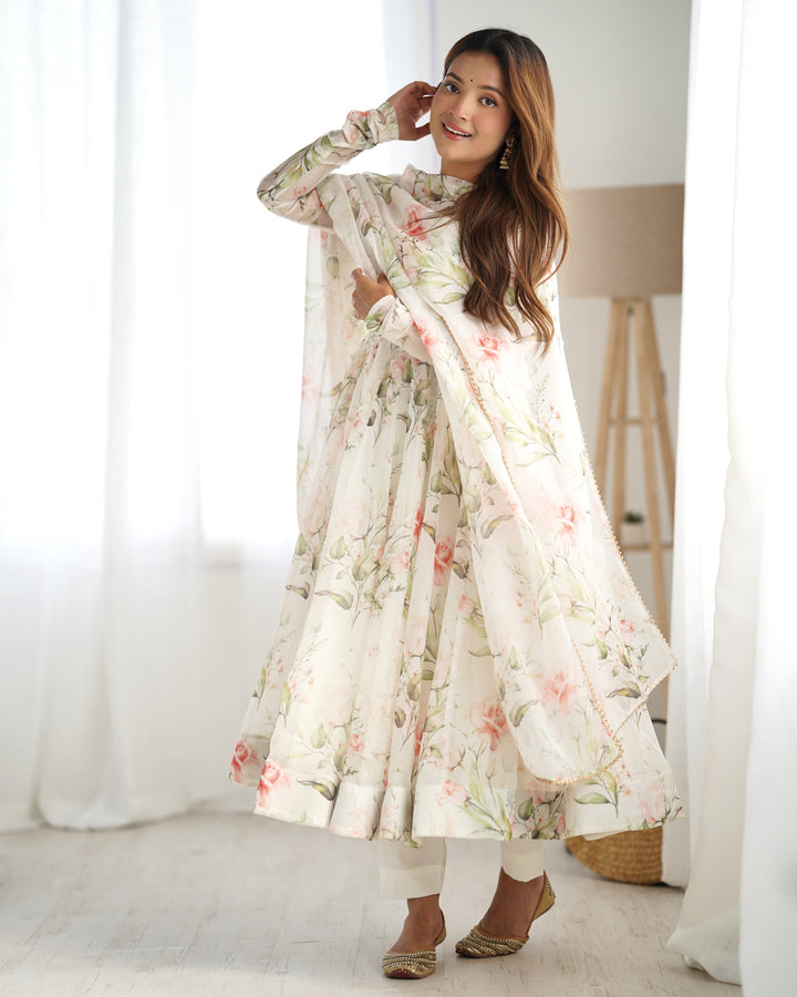 Pure Soft Fully Flared Kali Pattern Organza Silk Anarkali Set with Dupatta & Pants