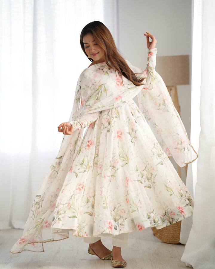 Pure Soft Fully Flared Kali Pattern Organza Silk Anarkali Set with Dupatta & Pants