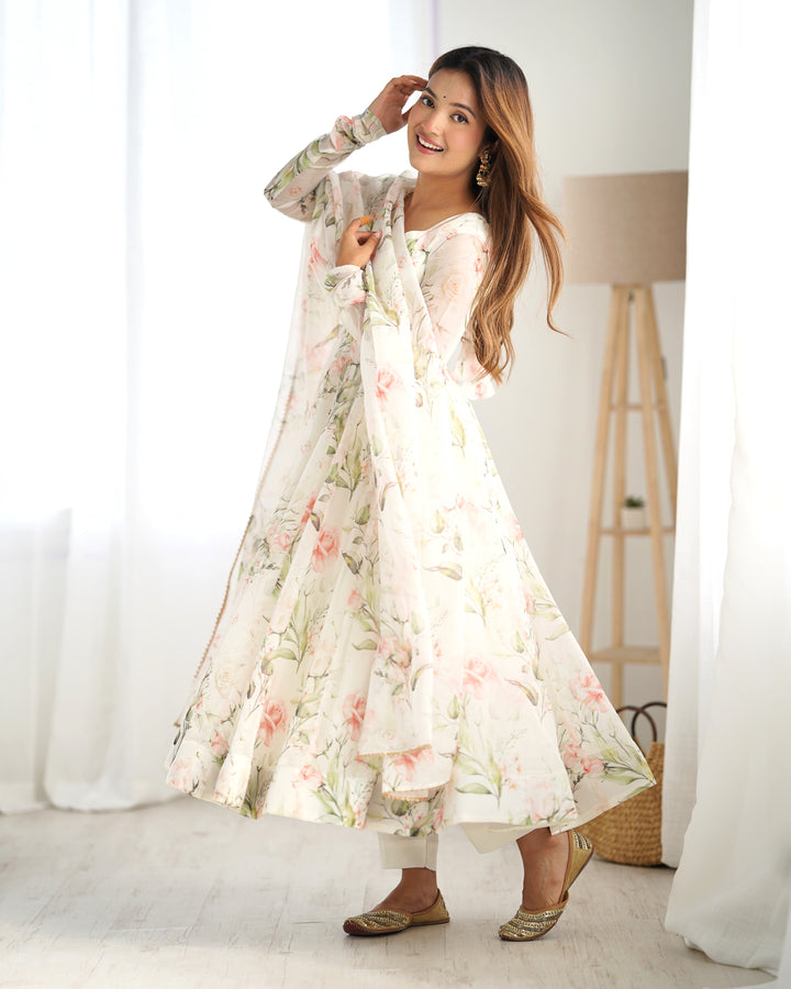 Pure Soft Fully Flared Kali Pattern Organza Silk Anarkali Set with Dupatta & Pants