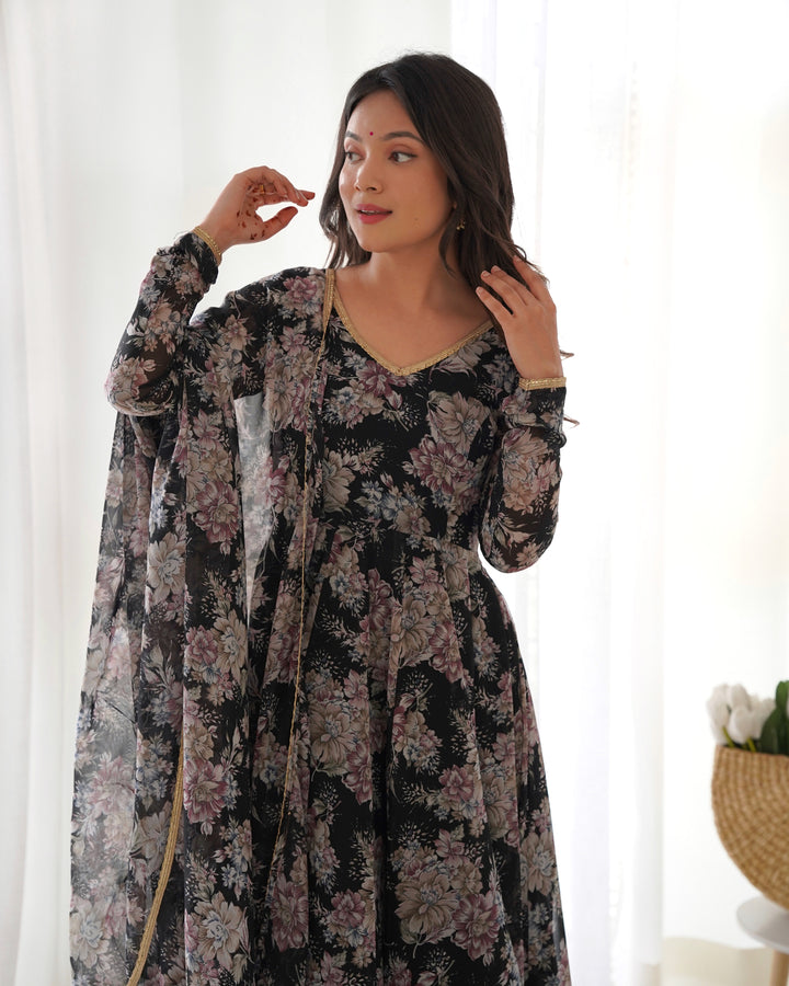 PURE FOX GEORGETTE MULTI FLORAL PRINT FABRIC FULLY FLAIR ANARKALI, WITH DUPATTA SET, PENT READY TO WEAR