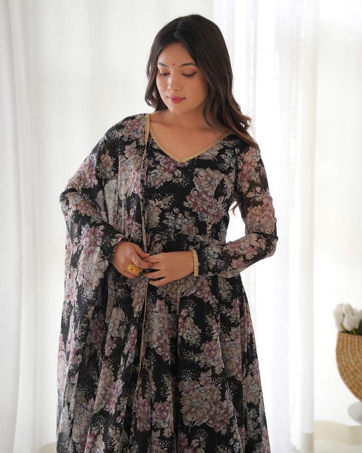 PURE FOX GEORGETTE MULTI FLORAL PRINT FABRIC FULLY FLAIR ANARKALI, WITH DUPATTA SET, PENT READY TO WEAR