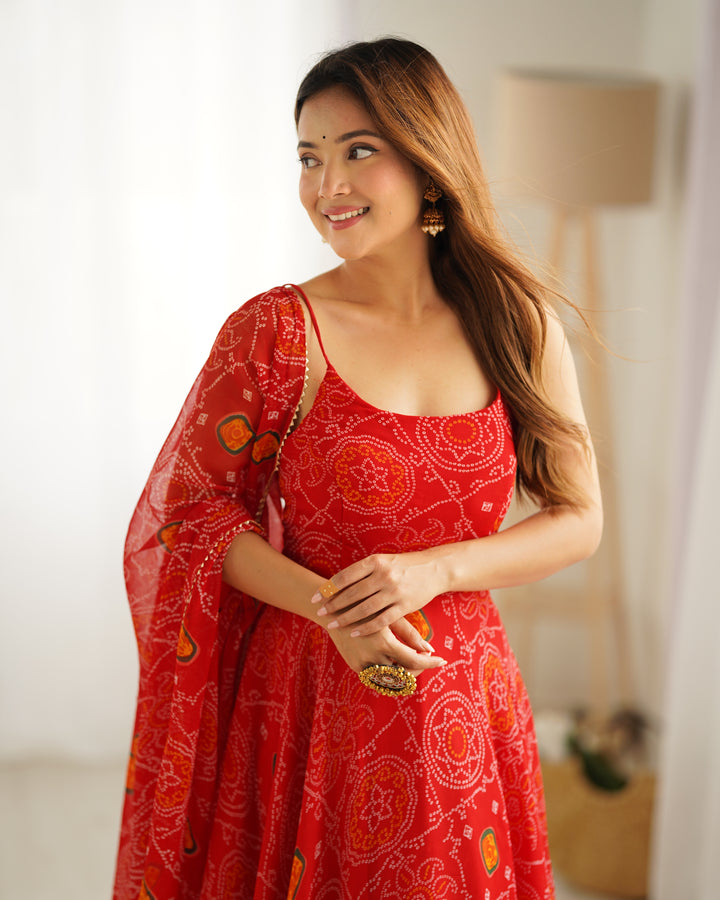 DESIGNER PURE SOFT LIGHTWEIGHT CHIFFON BANDHEJ FULLY FLARE GOWN, DUPATTA, PENT SET READY TO WEAR FULLY STTICHED
