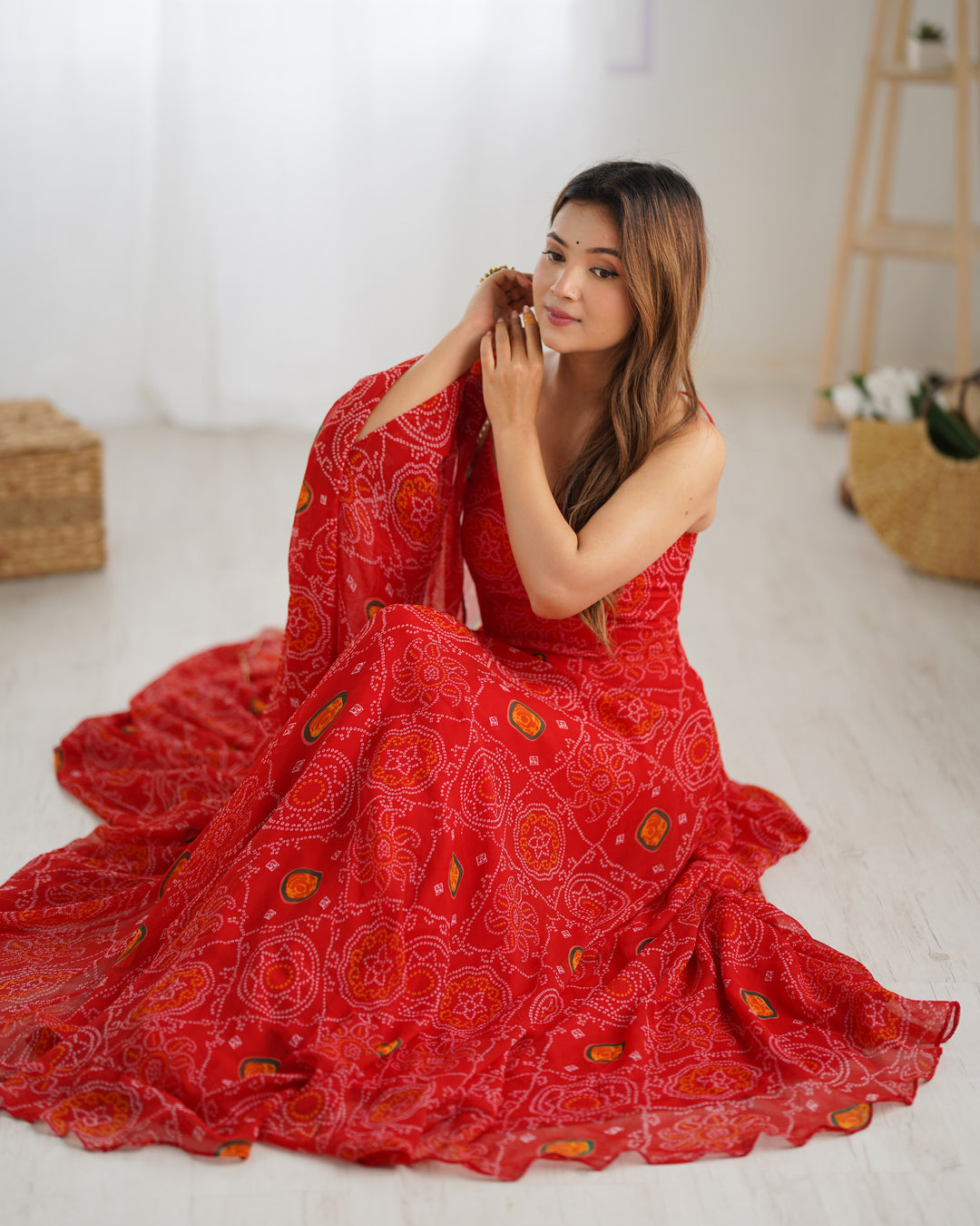 DESIGNER PURE SOFT LIGHTWEIGHT CHIFFON BANDHEJ FULLY FLARE GOWN, DUPATTA, PENT SET READY TO WEAR FULLY STTICHED