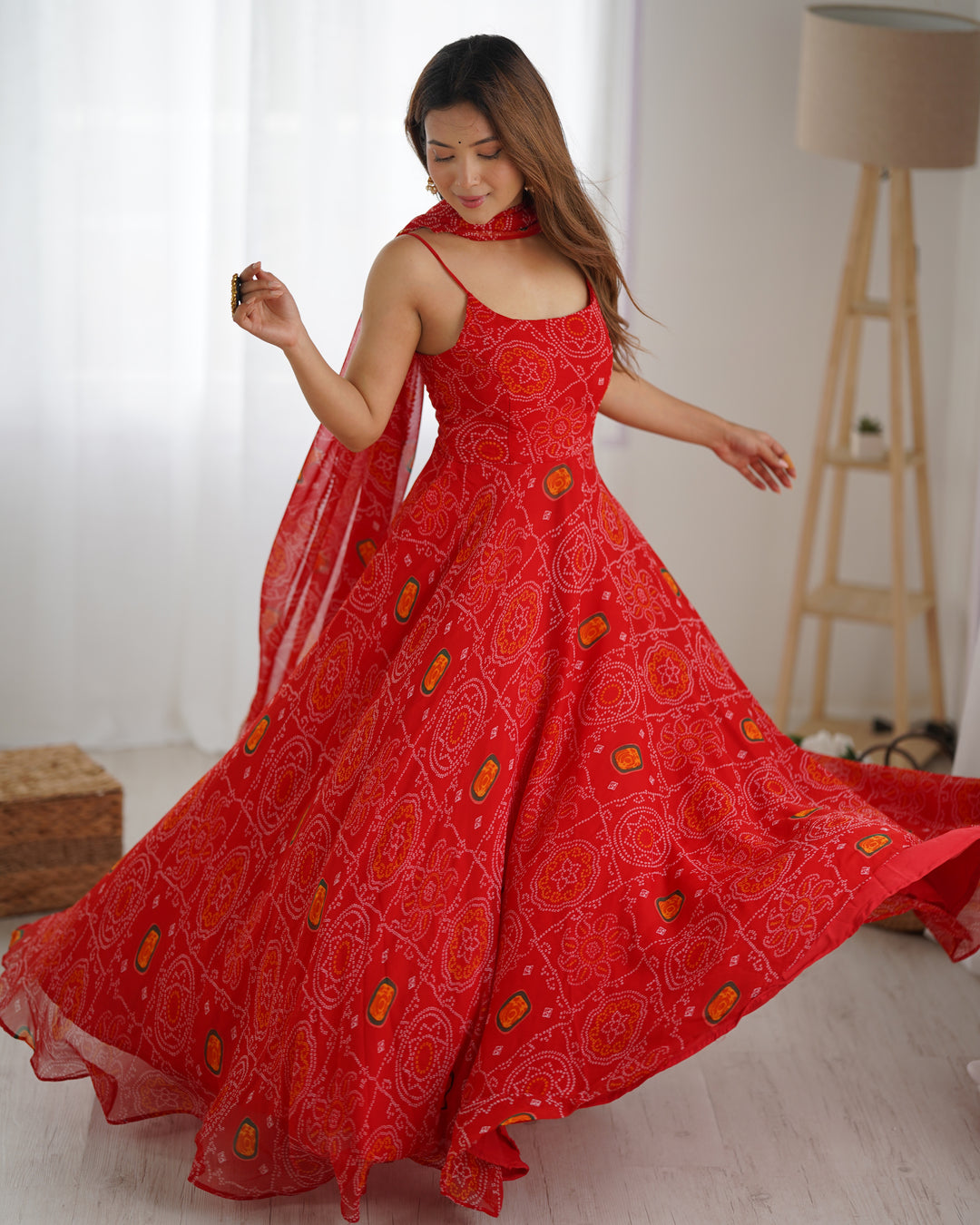 DESIGNER PURE SOFT LIGHTWEIGHT CHIFFON BANDHEJ FULLY FLARE GOWN, DUPATTA, PENT SET READY TO WEAR FULLY STTICHED