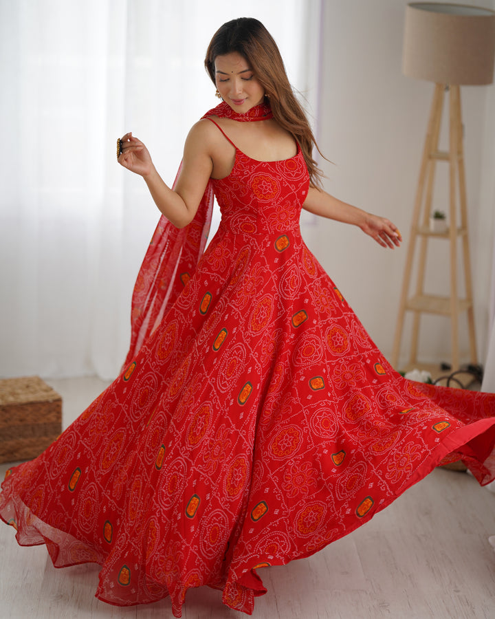 DESIGNER PURE SOFT LIGHTWEIGHT CHIFFON BANDHEJ FULLY FLARE GOWN, DUPATTA, PENT SET READY TO WEAR FULLY STTICHED