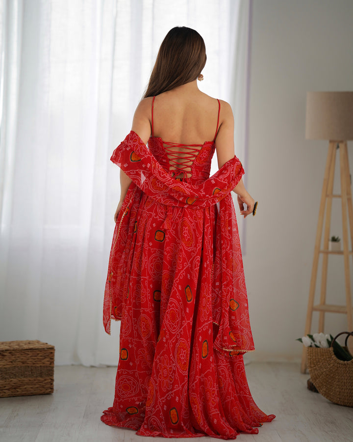 DESIGNER PURE SOFT LIGHTWEIGHT CHIFFON BANDHEJ FULLY FLARE GOWN, DUPATTA, PENT SET READY TO WEAR FULLY STTICHED