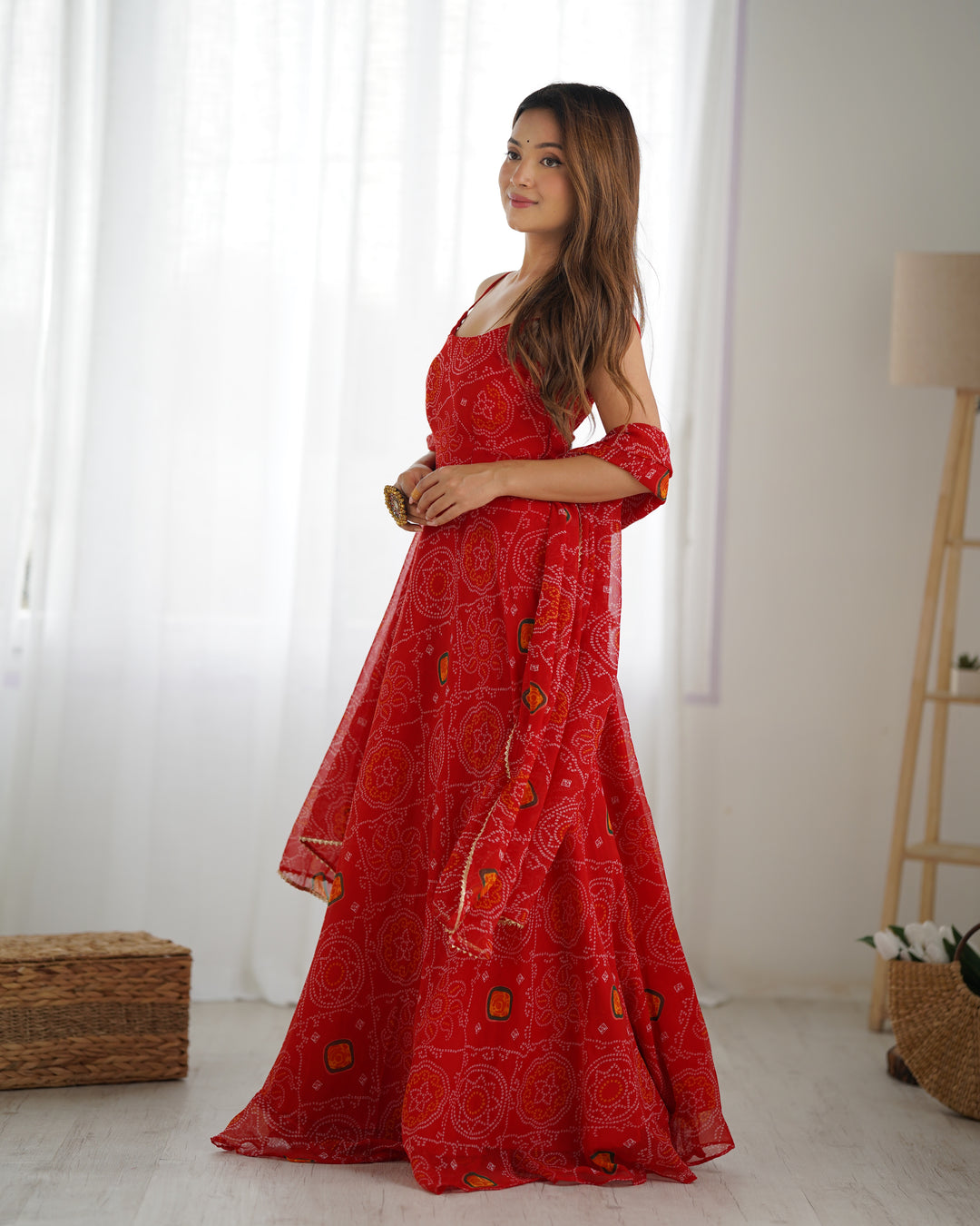 DESIGNER PURE SOFT LIGHTWEIGHT CHIFFON BANDHEJ FULLY FLARE GOWN, DUPATTA, PENT SET READY TO WEAR FULLY STTICHED