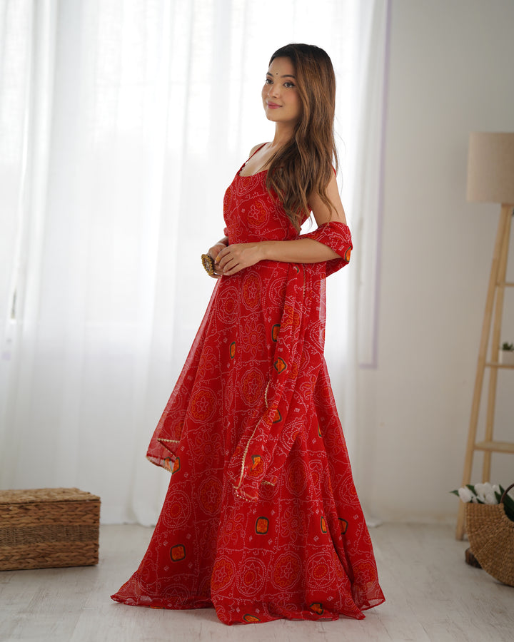 DESIGNER PURE SOFT LIGHTWEIGHT CHIFFON BANDHEJ FULLY FLARE GOWN, DUPATTA, PENT SET READY TO WEAR FULLY STTICHED
