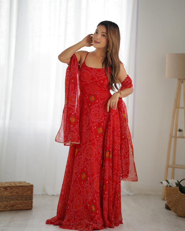 DESIGNER PURE SOFT LIGHTWEIGHT CHIFFON BANDHEJ FULLY FLARE GOWN, DUPATTA, PENT SET READY TO WEAR FULLY STTICHED