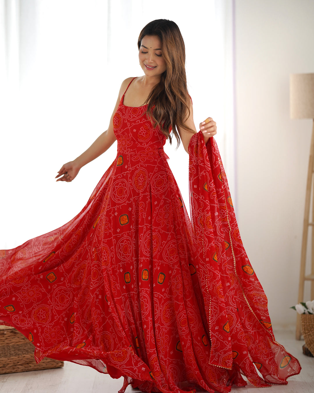 DESIGNER PURE SOFT LIGHTWEIGHT CHIFFON BANDHEJ FULLY FLARE GOWN, DUPATTA, PENT SET READY TO WEAR FULLY STTICHED