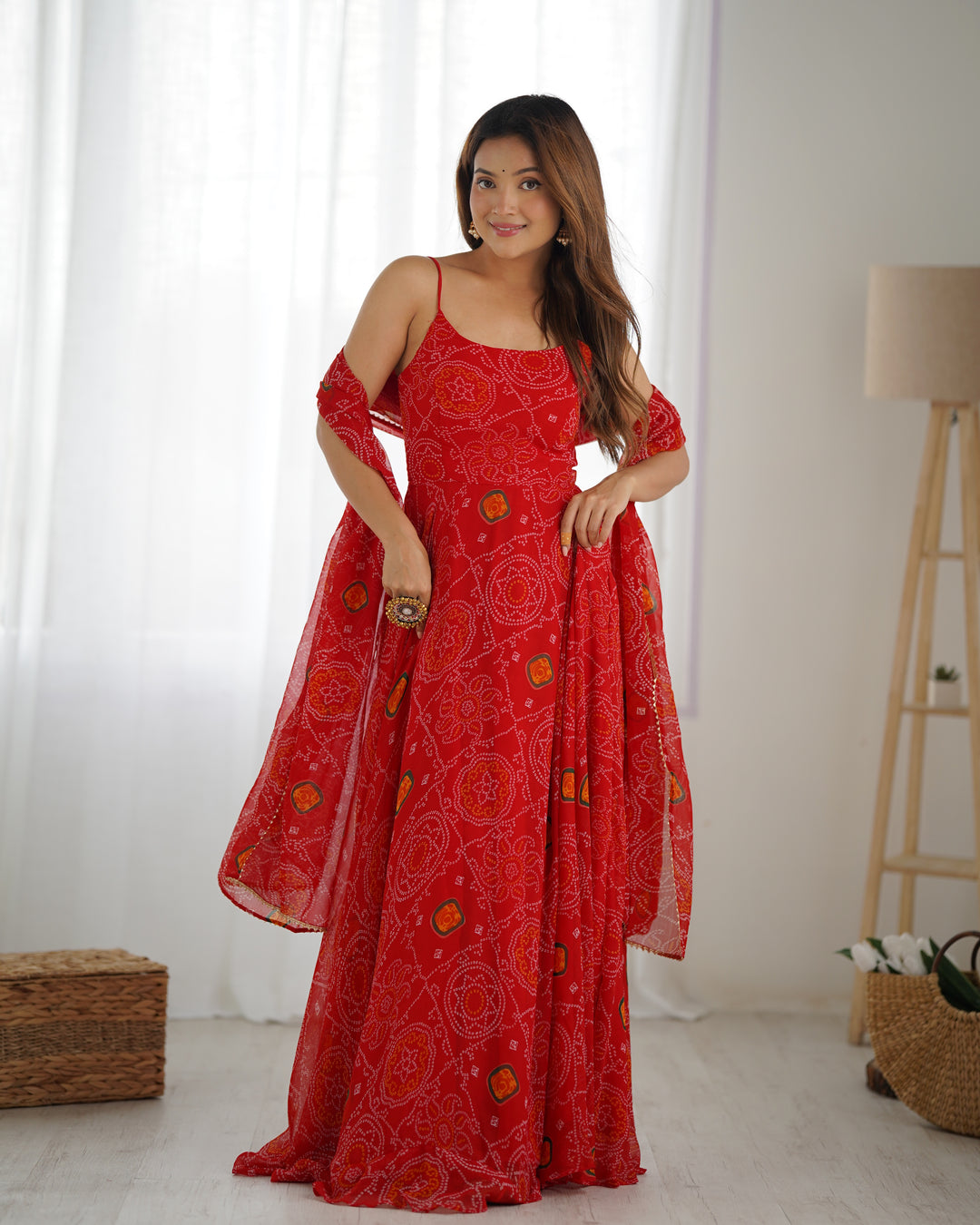 DESIGNER PURE SOFT LIGHTWEIGHT CHIFFON BANDHEJ FULLY FLARE GOWN, DUPATTA, PENT SET READY TO WEAR FULLY STTICHED