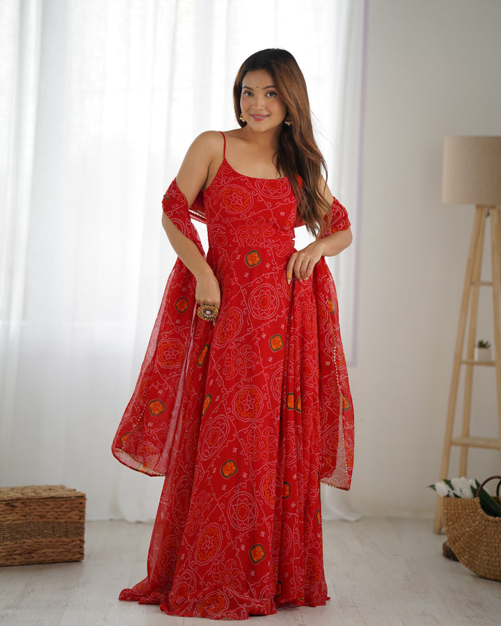 DESIGNER PURE SOFT LIGHTWEIGHT CHIFFON BANDHEJ FULLY FLARE GOWN, DUPATTA, PENT SET READY TO WEAR FULLY STTICHED
