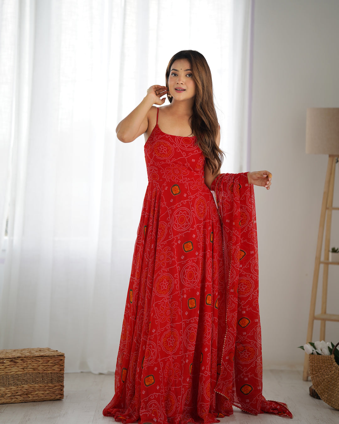 DESIGNER PURE SOFT LIGHTWEIGHT CHIFFON BANDHEJ FULLY FLARE GOWN, DUPATTA, PENT SET READY TO WEAR FULLY STTICHED