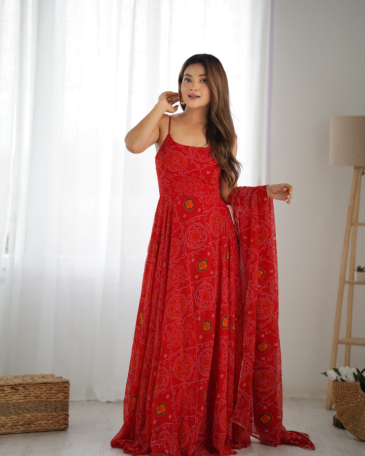 DESIGNER PURE SOFT LIGHTWEIGHT CHIFFON BANDHEJ FULLY FLARE GOWN, DUPATTA, PENT SET READY TO WEAR FULLY STTICHED