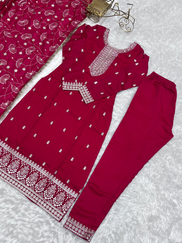 Pink Designer Straight Fit Kurta Set - Pure Blooming Vichitra Silk with Dupatta & Trousers