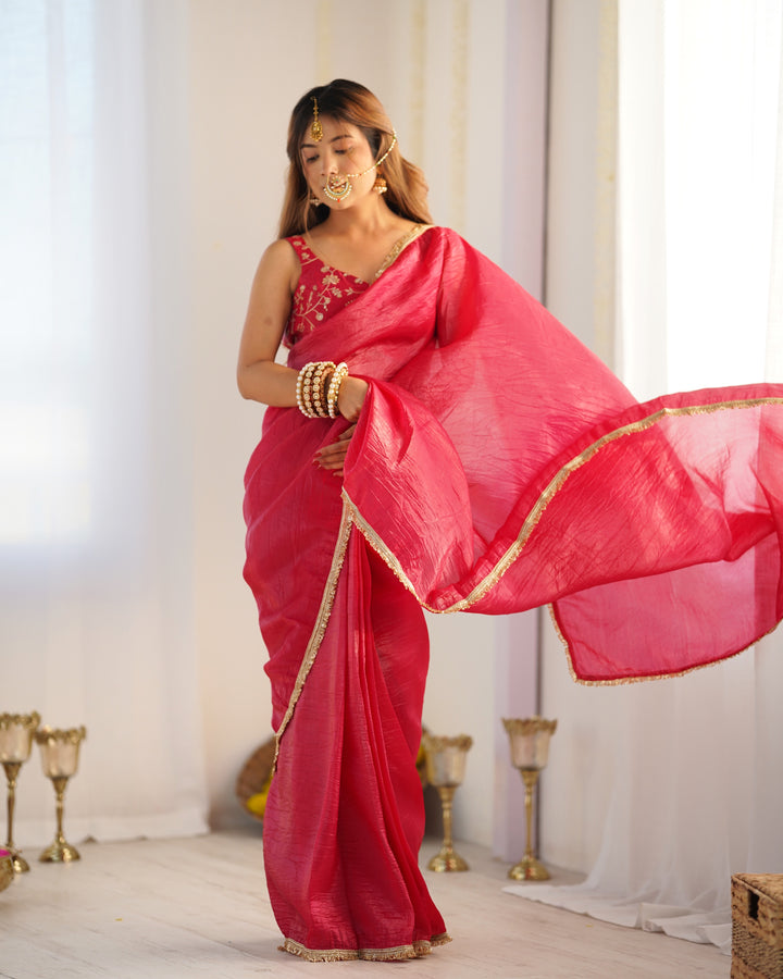 Premium Gold Crush Tissue Silk Ready-to-Wear Pre-Draped Saree with Fully Stitched Blouse