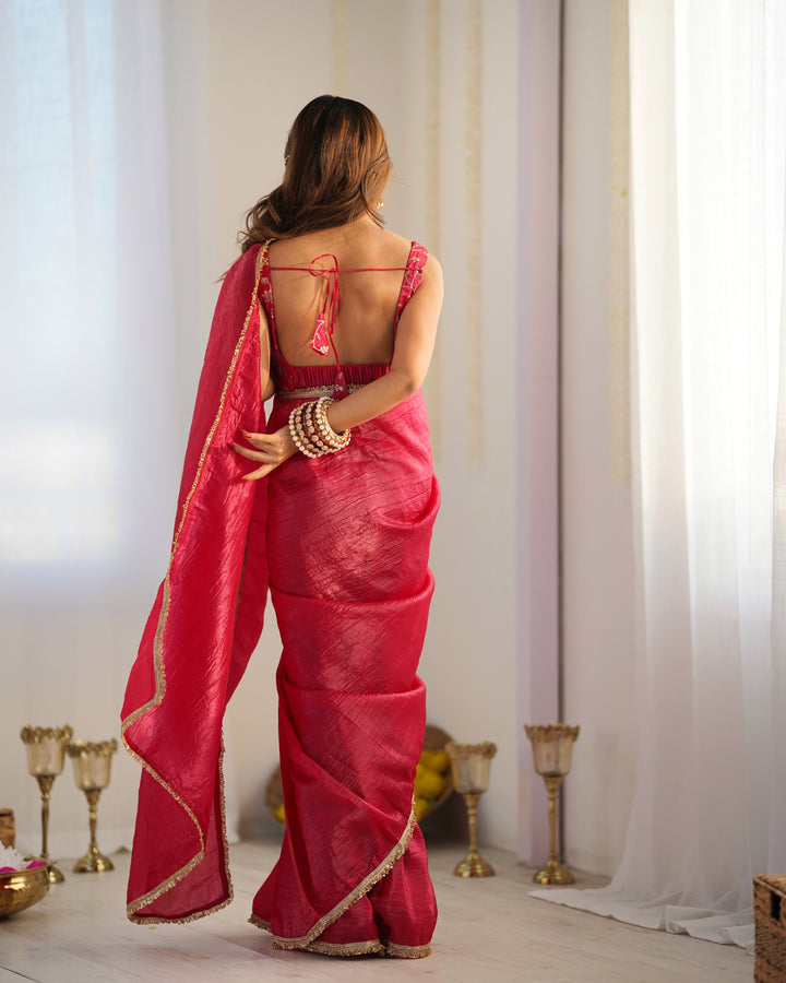 Premium Gold Crush Tissue Silk Ready-to-Wear Pre-Draped Saree with Fully Stitched Blouse