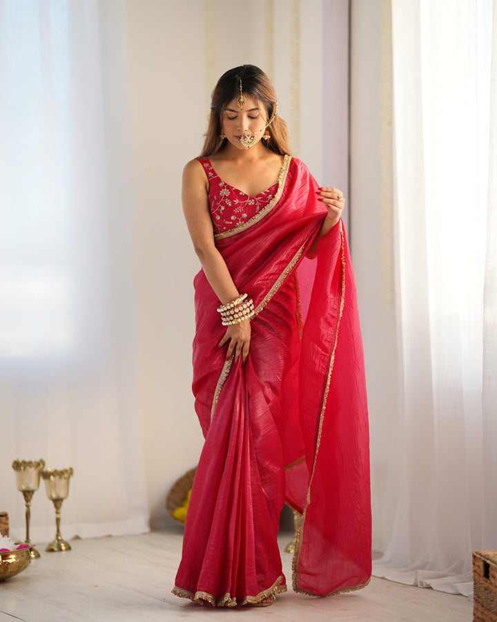 Premium Gold Crush Tissue Silk Ready-to-Wear Pre-Draped Saree with Fully Stitched Blouse