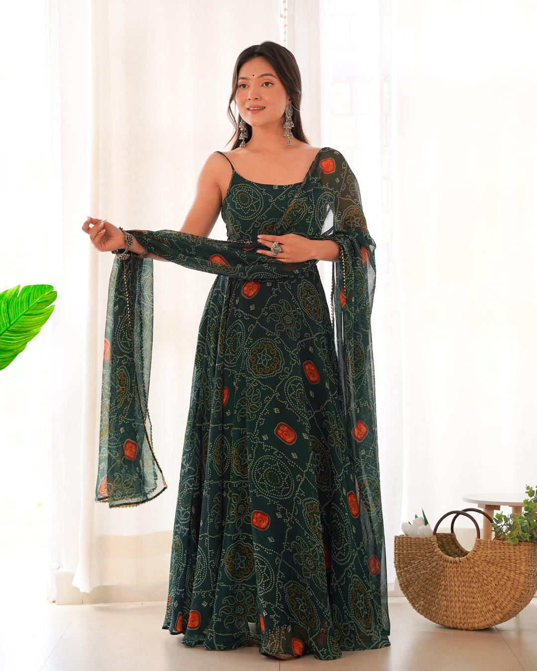 DESIGNER PURE SOFT LIGHTWEIGHT CHIFFON BANDHEJ FULLY FLARE GOWN, DUPATTA, PENT SET READY TO WEAR FULLY STTICHED