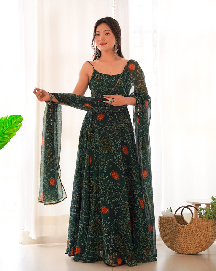 DESIGNER PURE SOFT LIGHTWEIGHT CHIFFON BANDHEJ FULLY FLARE GOWN, DUPATTA, PENT SET READY TO WEAR FULLY STTICHED
