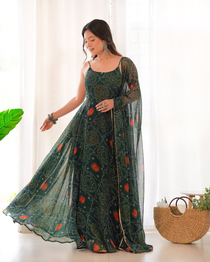 DESIGNER PURE SOFT LIGHTWEIGHT CHIFFON BANDHEJ FULLY FLARE GOWN, DUPATTA, PENT SET READY TO WEAR FULLY STTICHED