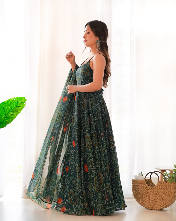 DESIGNER PURE SOFT LIGHTWEIGHT CHIFFON BANDHEJ FULLY FLARE GOWN, DUPATTA, PENT SET READY TO WEAR FULLY STTICHED