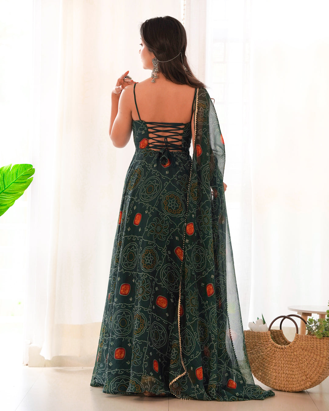 DESIGNER PURE SOFT LIGHTWEIGHT CHIFFON BANDHEJ FULLY FLARE GOWN, DUPATTA, PENT SET READY TO WEAR FULLY STTICHED