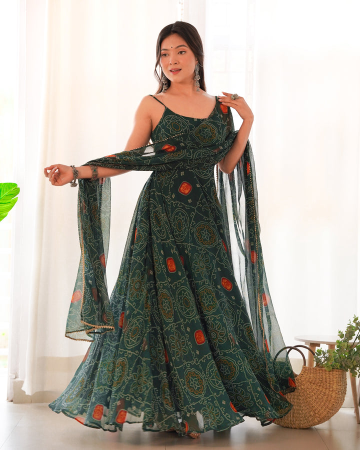 DESIGNER PURE SOFT LIGHTWEIGHT CHIFFON BANDHEJ FULLY FLARE GOWN, DUPATTA, PENT SET READY TO WEAR FULLY STTICHED