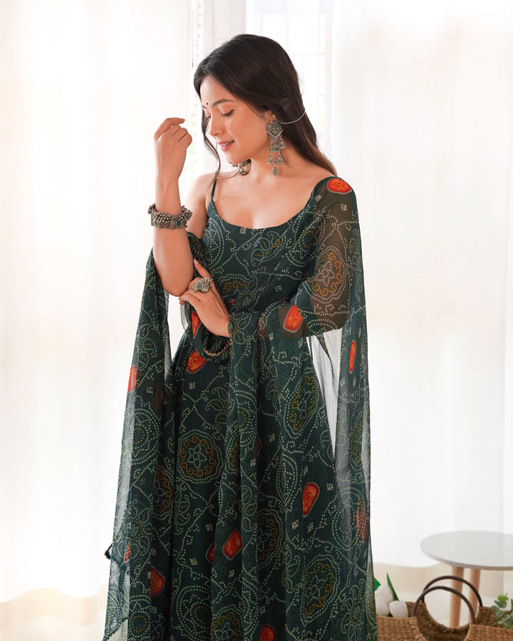 DESIGNER PURE SOFT LIGHTWEIGHT CHIFFON BANDHEJ FULLY FLARE GOWN, DUPATTA, PENT SET READY TO WEAR FULLY STTICHED