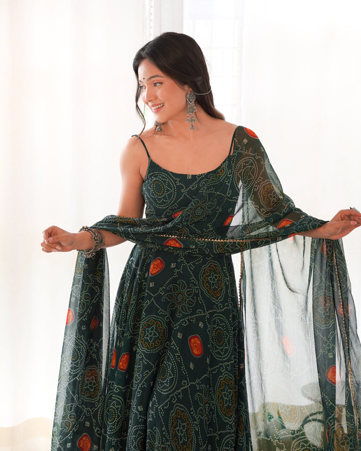 DESIGNER PURE SOFT LIGHTWEIGHT CHIFFON BANDHEJ FULLY FLARE GOWN, DUPATTA, PENT SET READY TO WEAR FULLY STTICHED