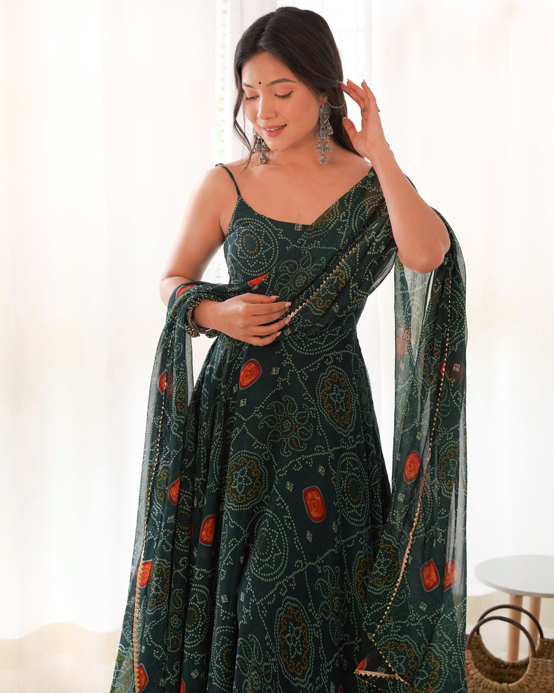 DESIGNER PURE SOFT LIGHTWEIGHT CHIFFON BANDHEJ FULLY FLARE GOWN, DUPATTA, PENT SET READY TO WEAR FULLY STTICHED