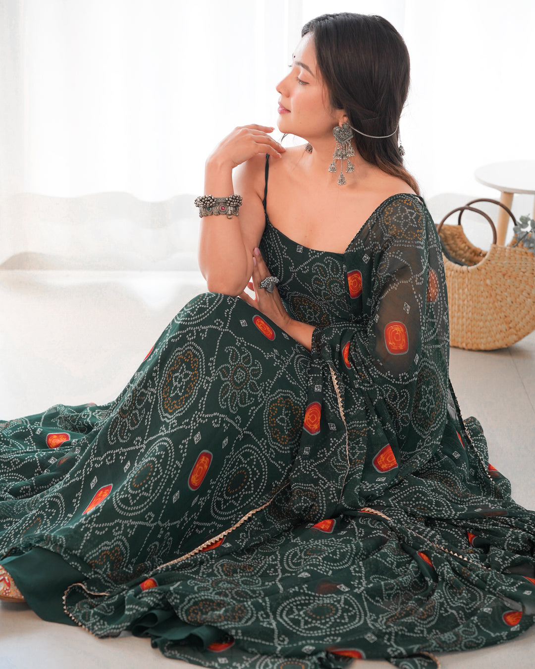 DESIGNER PURE SOFT LIGHTWEIGHT CHIFFON BANDHEJ FULLY FLARE GOWN, DUPATTA, PENT SET READY TO WEAR FULLY STTICHED