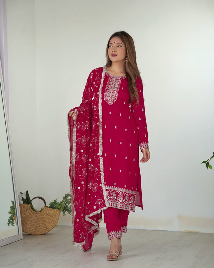 PURE BLLOOMING VICHITRA SILK FABRIC STRAIGHT FIT KURTA WITH DUPATTA SET, TROUSERS, READY TO WEAR