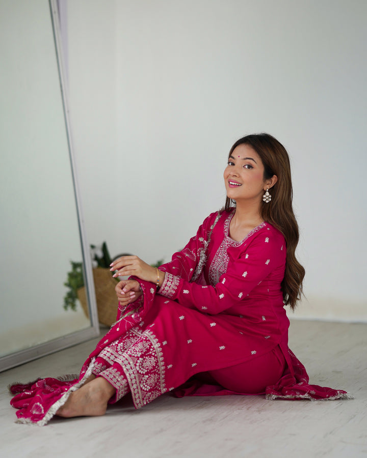 PURE BLLOOMING VICHITRA SILK FABRIC STRAIGHT FIT KURTA WITH DUPATTA SET, TROUSERS, READY TO WEAR