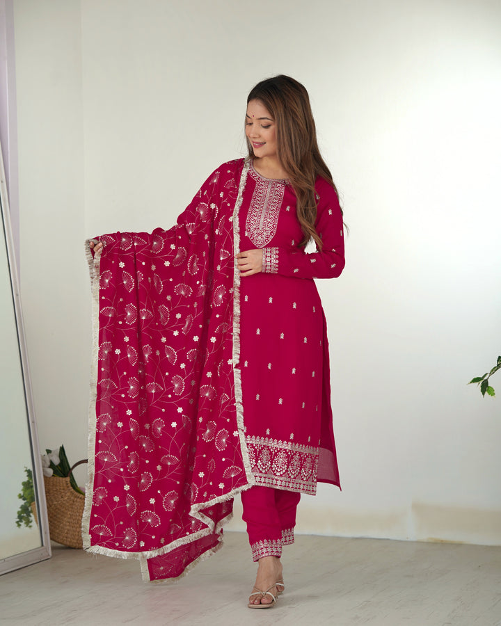 Pink Designer Straight Fit Kurta Set - Pure Blooming Vichitra Silk with Dupatta & Trousers
