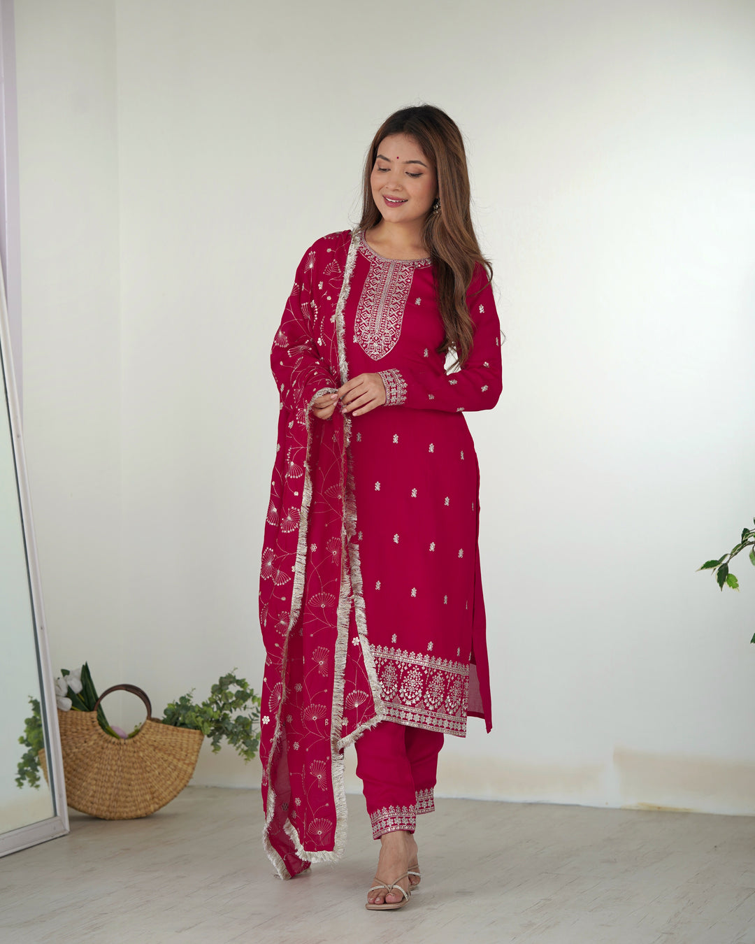 Pink Designer Straight Fit Kurta Set - Pure Blooming Vichitra Silk with Dupatta & Trousers