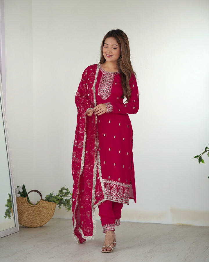 Pink Designer Straight Fit Kurta Set - Pure Blooming Vichitra Silk with Dupatta & Trousers