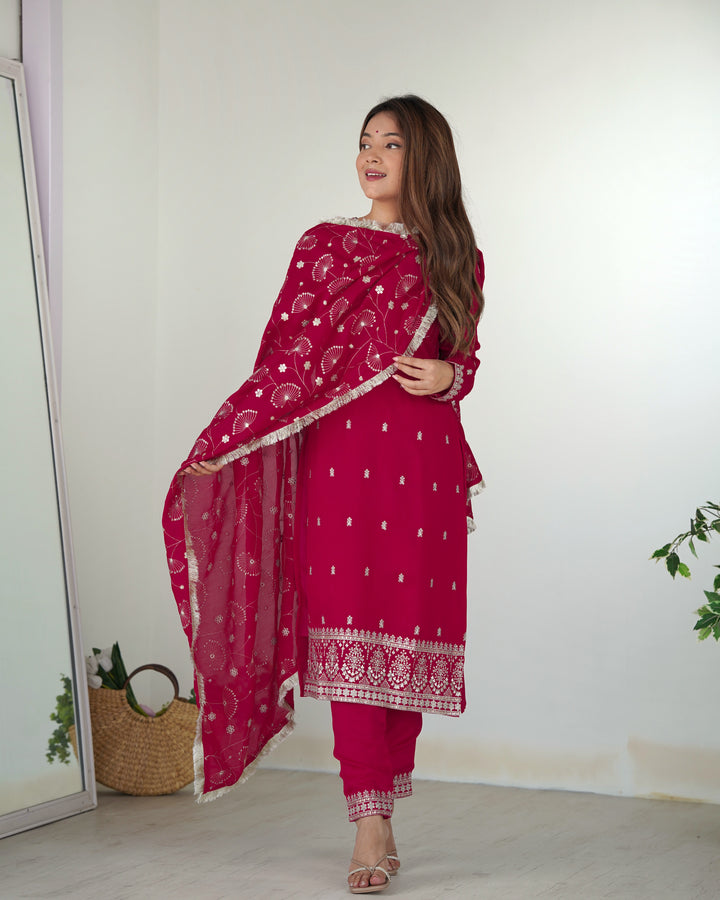 Pink Designer Straight Fit Kurta Set - Pure Blooming Vichitra Silk with Dupatta & Trousers