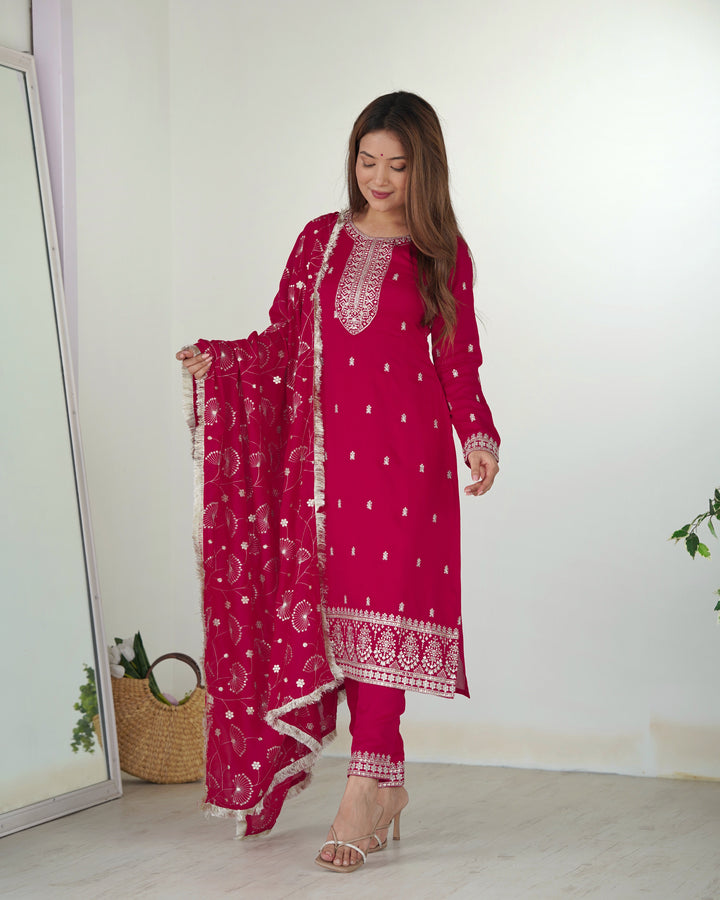 Pink Designer Straight Fit Kurta Set - Pure Blooming Vichitra Silk with Dupatta & Trousers