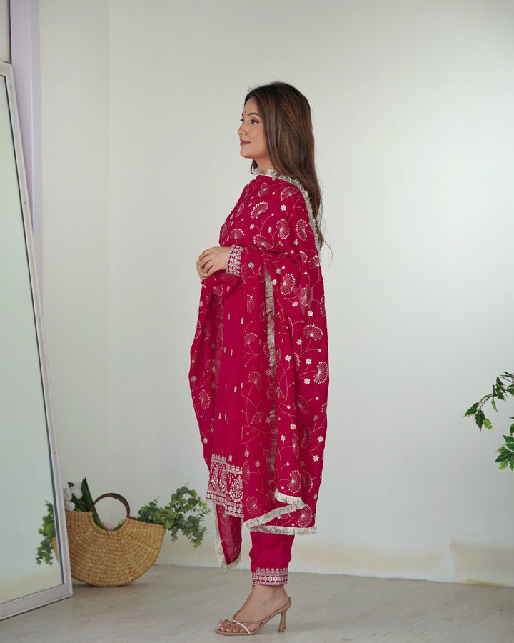 Pink Designer Straight Fit Kurta Set - Pure Blooming Vichitra Silk with Dupatta & Trousers