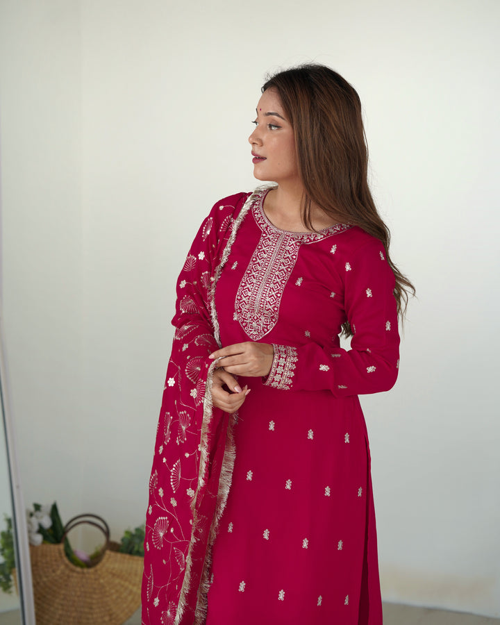 Pink Designer Straight Fit Kurta Set - Pure Blooming Vichitra Silk with Dupatta & Trousers