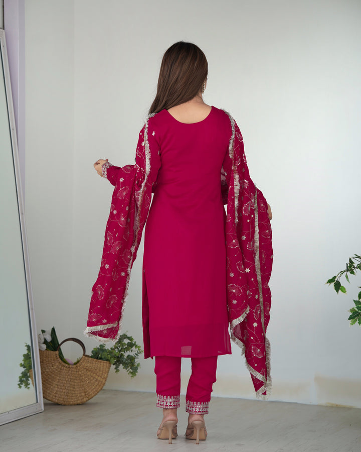 Pink Designer Straight Fit Kurta Set - Pure Blooming Vichitra Silk with Dupatta & Trousers